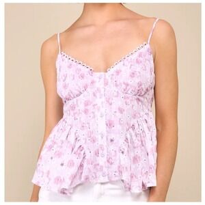 Lulus Enchanting Sweetie Lilac Floral Eyelet Button Up Cami Top Size Medium